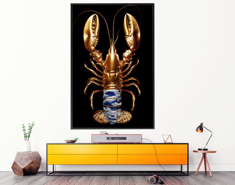 Golden lobster delft blue on black