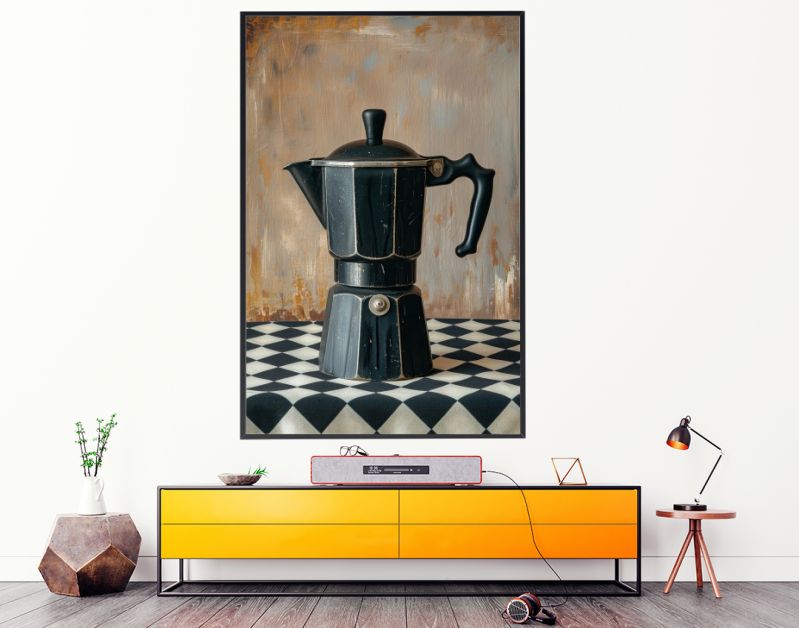 Koffie percolator zwart op geruit tafelkleed