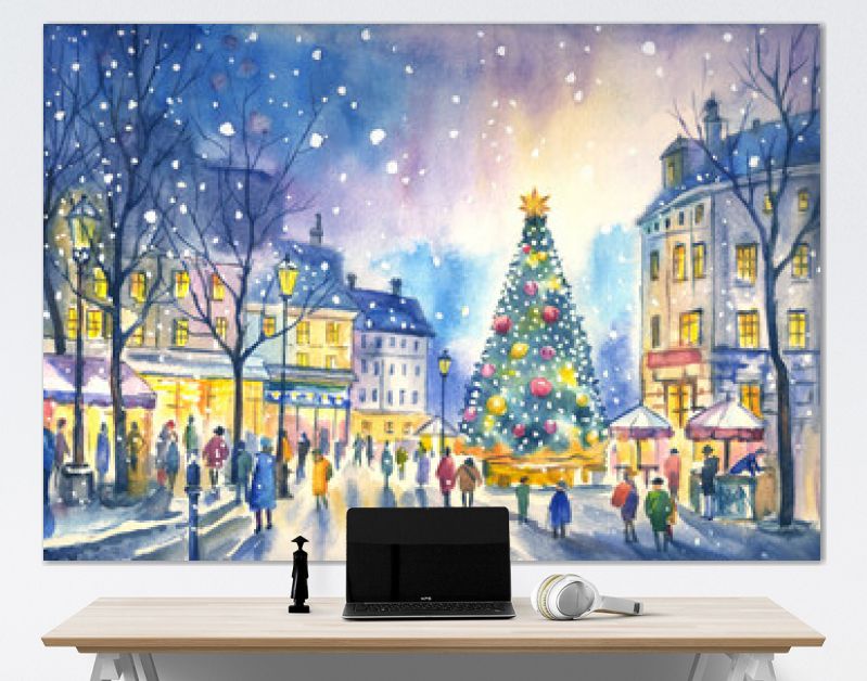 Watercolor landscape of a New Year or Christmas city with a New Year tree, houses and people.