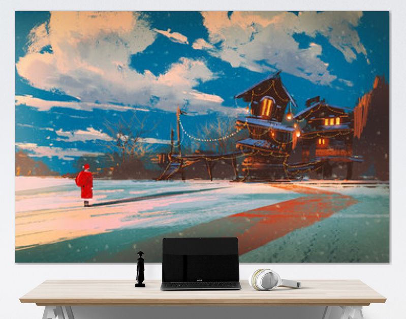 winter landscape with wooden house at Christmas night,illustration painting