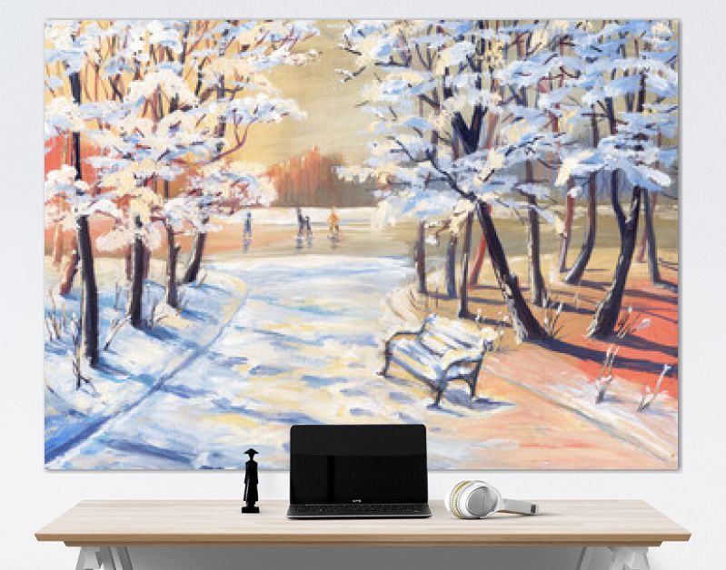 Gouache painting winter landscape with snowy trees, footpath, bench and figure skaters on a frozen river