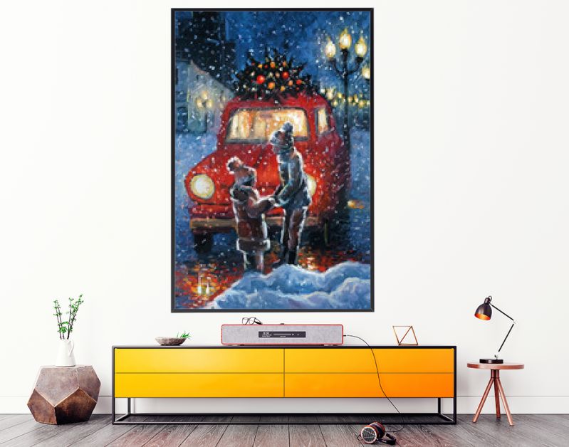 Oil painting on canvas - cheerful little boy holding his sisters hands in his arms. Christmas tree in the retro car roof. Winter snowy evening town landscape. Original Hand drawn picture on canvas.