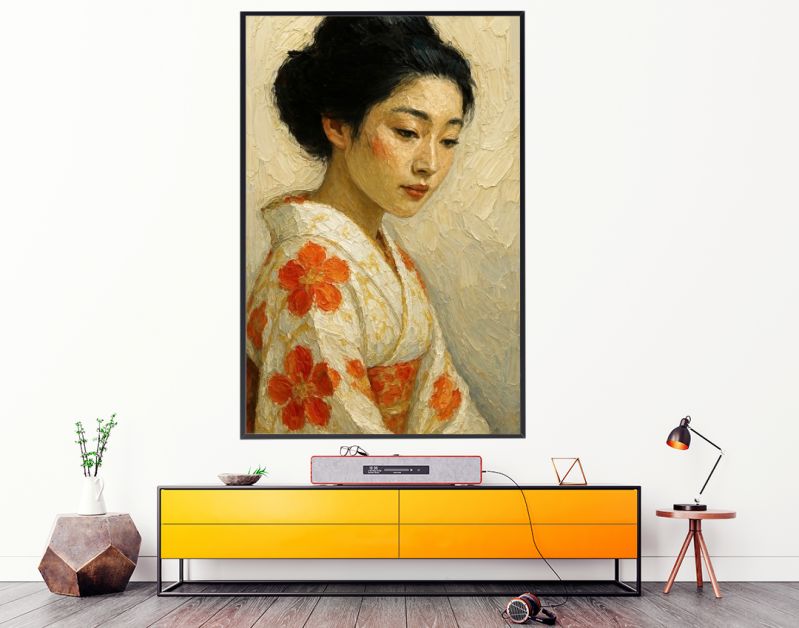 Japanse geisha in kimono met oranje bloemen