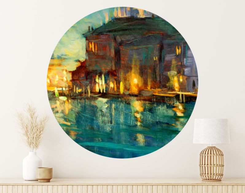 nachtlandschap naar Venetië, schilderij met olieverf op triplex, illustrat