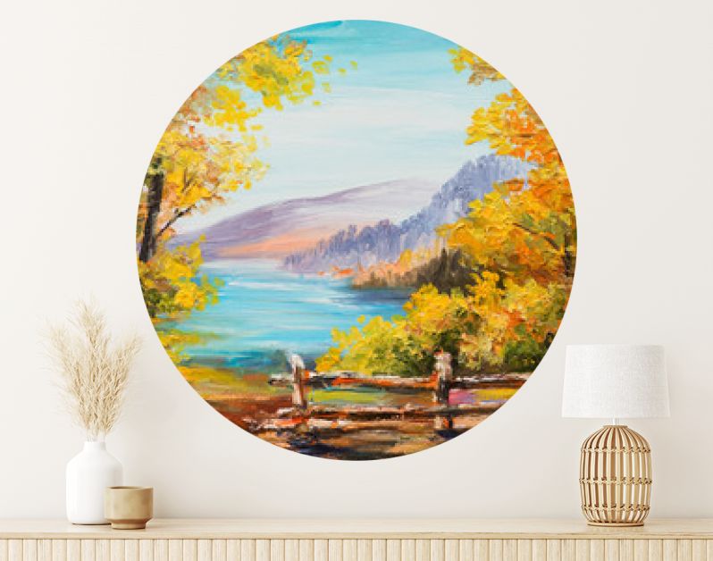 Landschap met olieverfschilderij - kleurrijk herfstbos, bergmeer, impressionisme