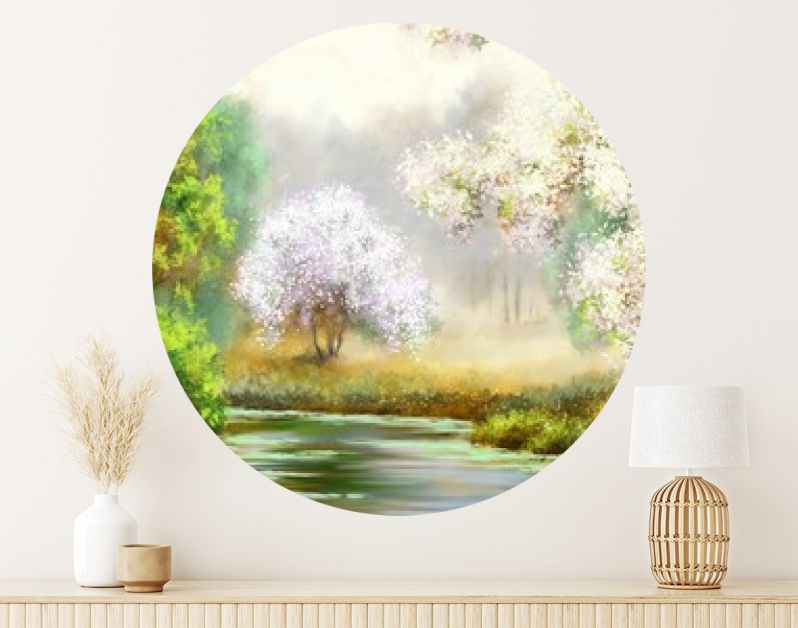 Lente, boom, rivier, schilderijen landschap