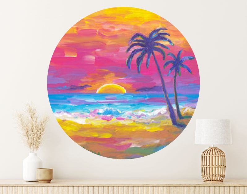 Palmenstrand, zonsondergang, zand, oceaan. Kust landschap. Abstract olieverfschilderij