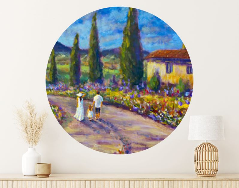 Impressionisme kunst schilderij gelukkige familie in witte kleren wandelen langs de weg. Vader, moeder en dochter zijn op weg van het Italiaanse Toscaanse natuurlandschap van de zomer. Cipressen, rode bloemen,