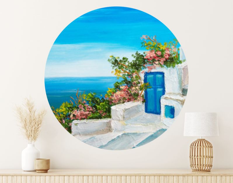 olieverfschilderij - huis in de buurt van de zee, kleurrijke bloemen, zomerzeegezicht