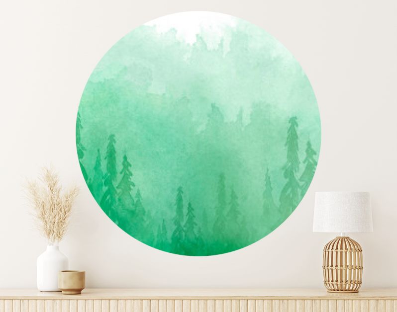 Aquarel groep bomen - spar, dennen, ceder, spar. groen bos, landschap, boslandschap. Tekening op witte geïsoleerde achtergrond. Mistig bos in nevel. Ecologische affiche. Aquarel schilderij