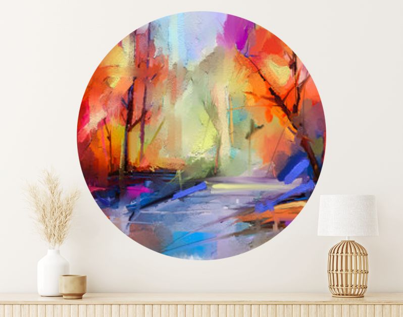 Olieverf schilderij kleurrijke herfst bomen. Semi abstract beeld van bos, landschappen met geel - rood blad en meer. Herfst, herfst seizoen natuur achtergrond. Met de hand geschilderd impressionistisch, buitenlandschap