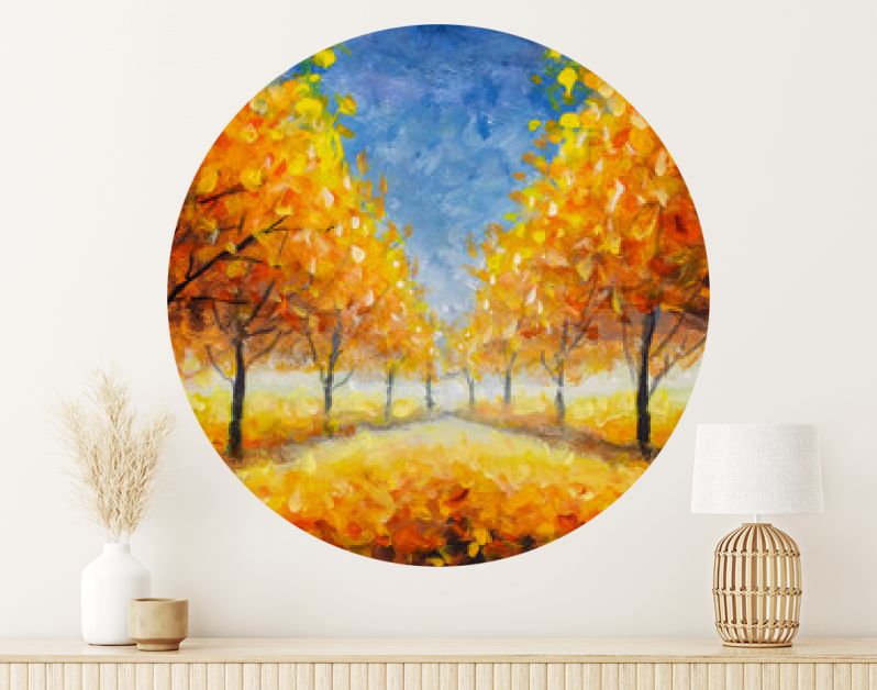 Herfst impressionisme olieverf landschap verf kunst. Goudoranje herfstboom park steegje bos hout met blauwe lucht