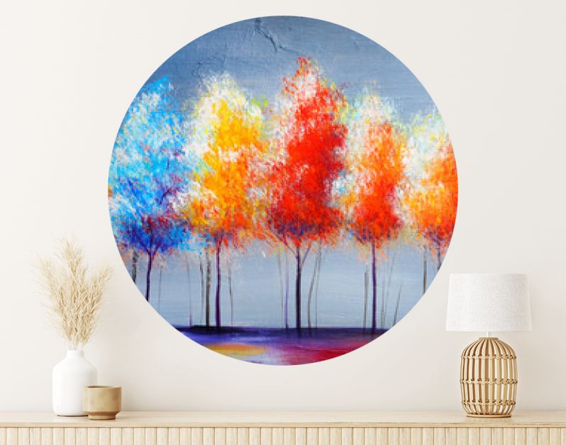 Landschap met olieverfschilderij, abstracte kleurrijke gouden bomen