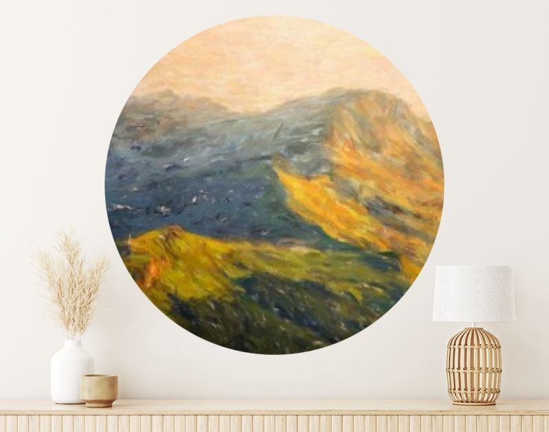 Digitale bergen bekijken olieverfschilderij met echt penseelstreken effect. Hedendaagse impressionistische kunst aan de muur in gemengde stijl. Kracht van de natuurscène. Vakantie ansichtkaarten en prints ontwerp. Schoonheid kunstwerk.