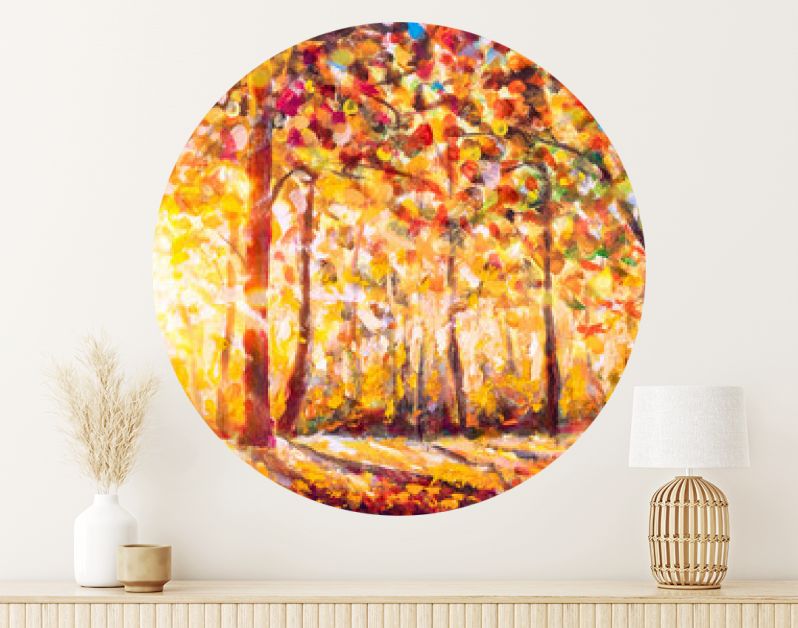 Herfstpanorama. Origineel olieverfschilderij op canvaskunst. Zonnige herfst bos bomen. Modern impressionisme. Herfst goud geel oranje rood bomen park in zonlicht landschap kunstwerk acryl schilderen