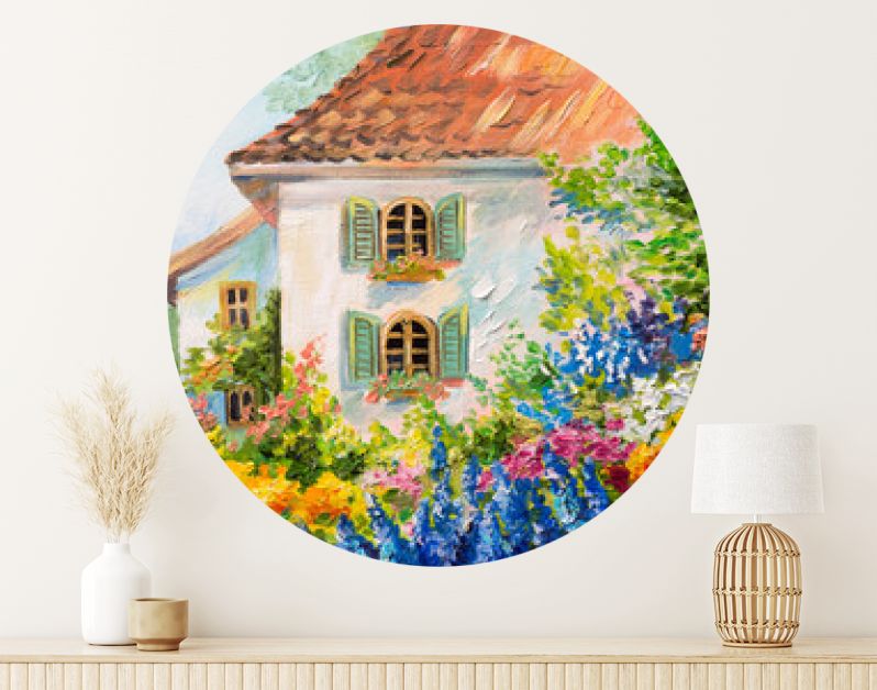 landschap met olieverf, huis in de bloementuin, abstract impressionisme