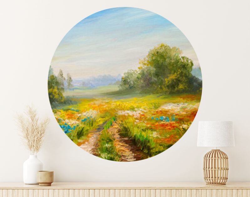 landschap met olieverf, kleurrijk bloemenveld, abstract impressionisme