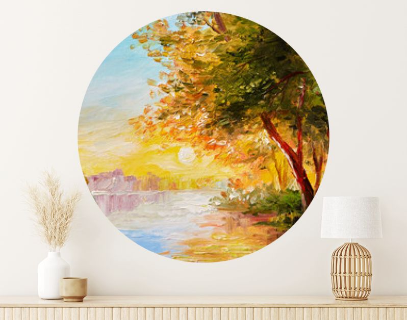 Landschap met olieverfschilderij, rivier in het lentebos met zonsondergang, middag