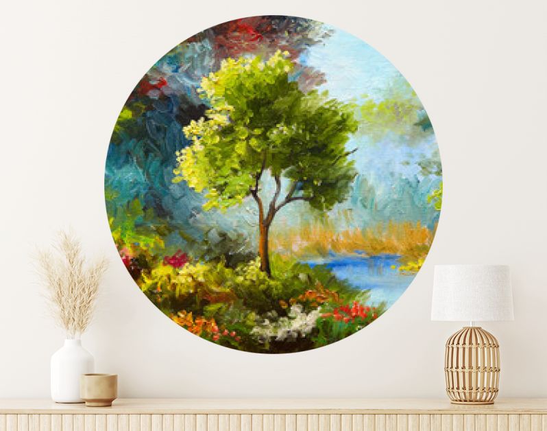 olieverfschilderij, bloemen en bomen bij de rivier, zonsondergang