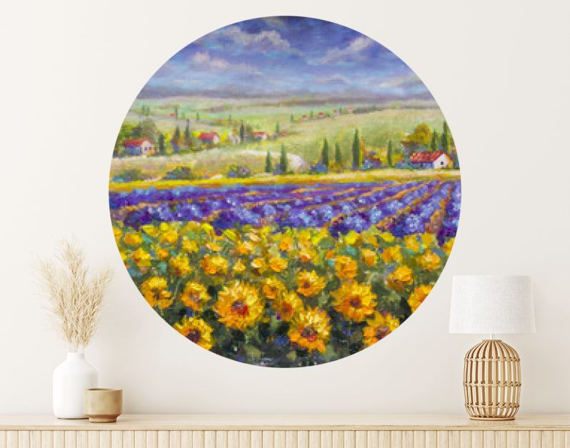 Toscane zomer Italiaans landschap. Violet blauw lavendelveld, een gele zonnebloem zonnebloemen, witte huizen met rode daken een helder Paletmes schilderij, impressionisme illustratie natuur artwork kunst