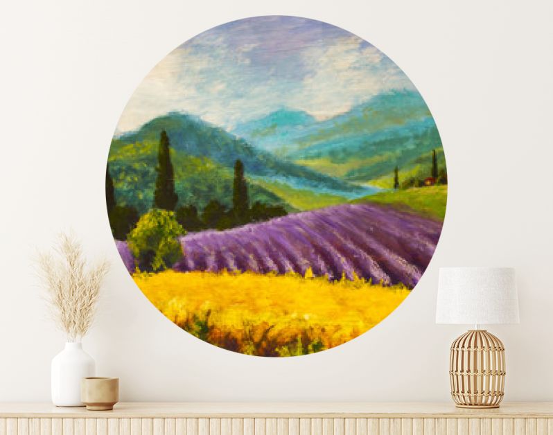 Olieverfschilderij Italiaans zomerlandschap. Lavendel paars veld. Frans Toscane. Veld van gele rogge. Landelijke huizen