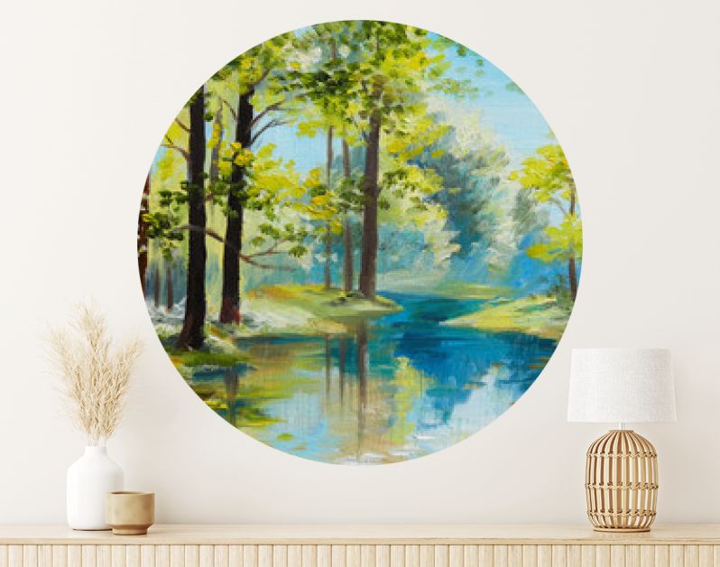 Landschap met olieverfschilderij - rivier in het bos, zomerdag