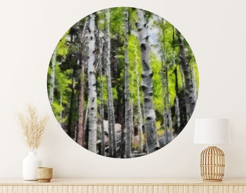 Hand tekenen van aquarel kunst op canvas. Artistieke grote print. Origineel modern schilderij. Acryl droge borstel achtergrond. Mooie zomerse landschap. Reis uitzicht. Groene bosboom. Wild natuur