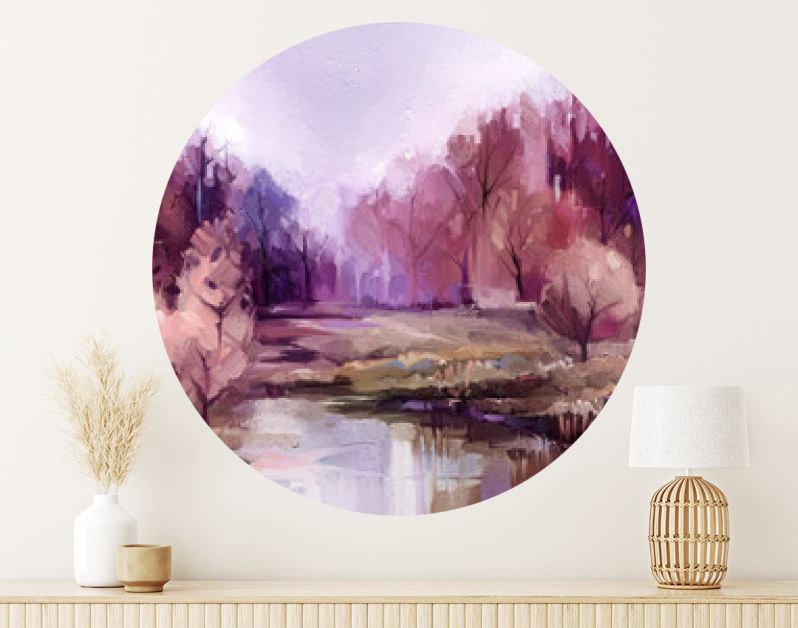 Olieverf schilderij kleurrijke herfst bomen. Vintage verfkleurenafbeelding van landschap, bos met geel, rood blad en meer. Herfst, herfst seizoen natuur achtergrond. Met de hand geschilderd impressionistisch, buitenlandschap