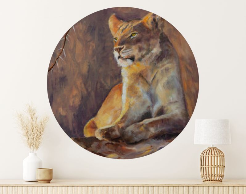 Origineel olieverfschilderij, Leeuwin die haar domein onderzoekt.