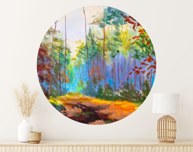 Impressionisme modern olieverfschilderij herfst bos park steegje zonlicht landschap kunstwerk. Zonnige kunst