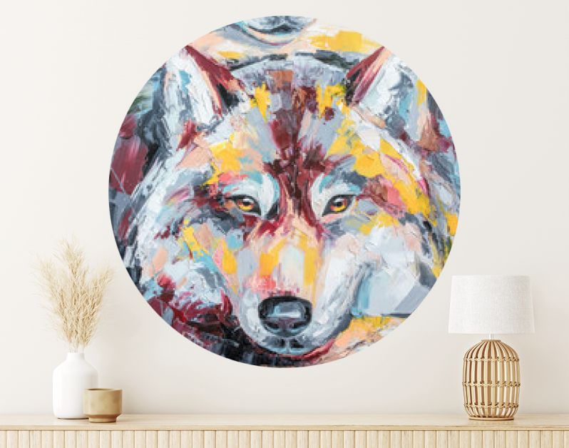 Oliewolf portret schilderij in veelkleurige tinten. Conceptueel abstract schilderij van een paar wolven. Close-up van een schilderij door olie en Paletmes op canvas.