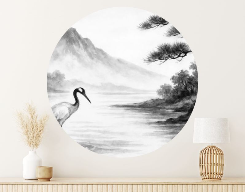 Japandi landschap met kraanvogel en bergen