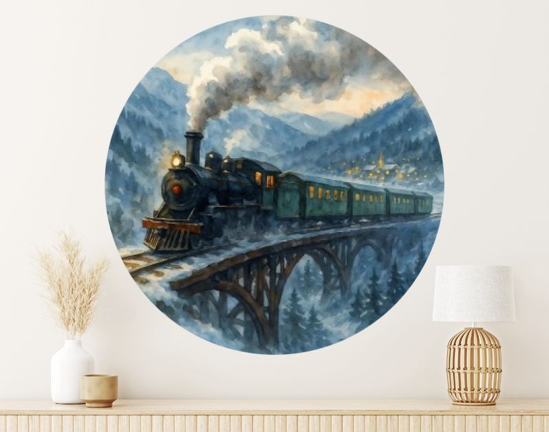 Winterse stoomtrein over brug in berglandschap