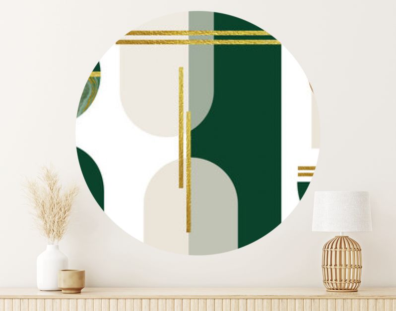 Abstracte minimalistische muurkunst in beige, groene, gouden kleuren. Eenvoudige lijnstijl. Gouden geometrische vormen, cirkels, modern creatief marmeren patroon.