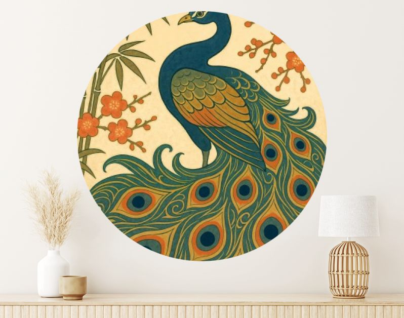 Japanse pauw met bamboe en bloesem in ukiyo-e stijl