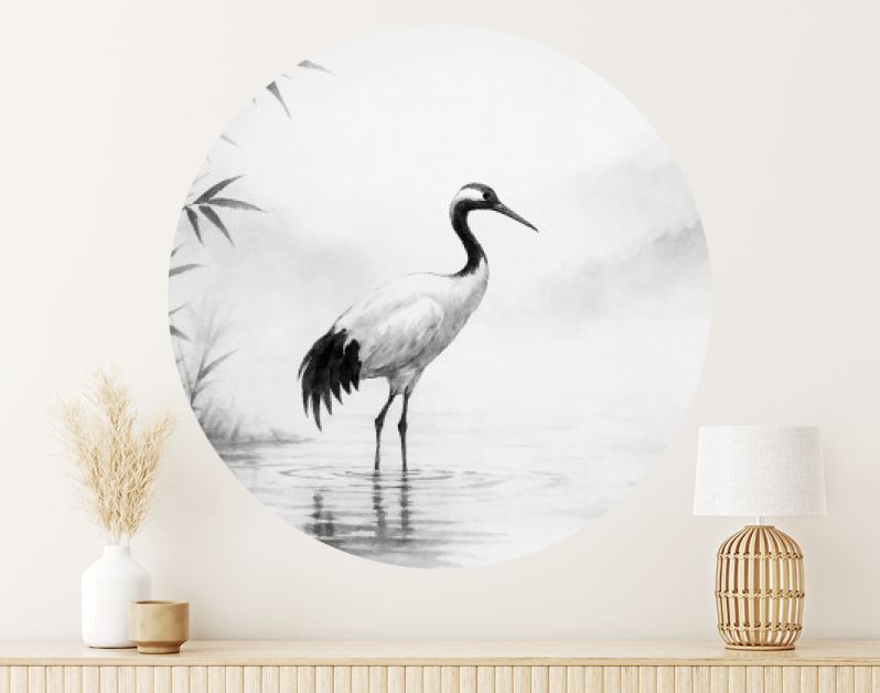 Kraanvogel aan de rivier in Japanse inkstijl