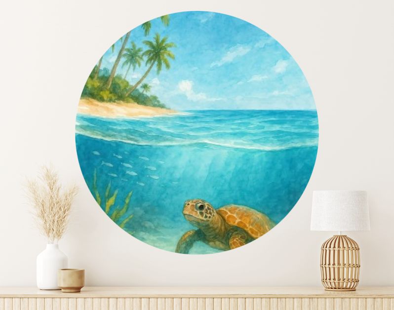 Schildpad bij tropisch strand en palmbomen