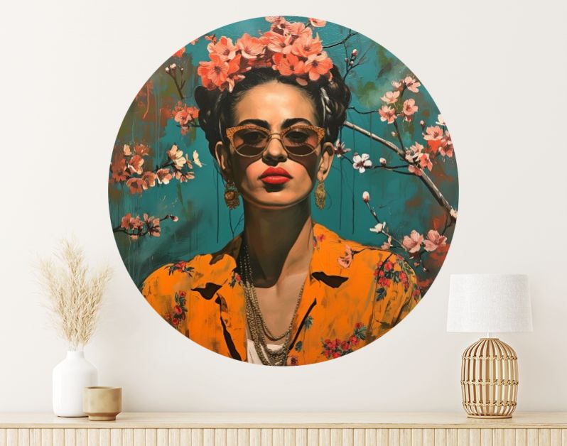 Portrait in oker with pink cherryblossoms