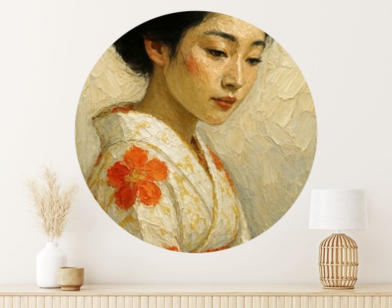 Japanse geisha in kimono met oranje bloemen