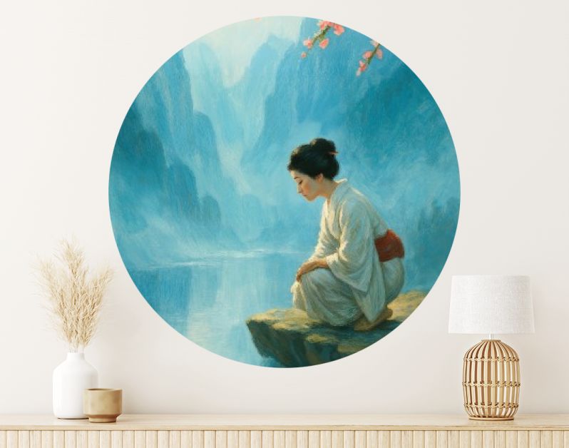 Japanse vrouw bij rivier met kersenbloesem