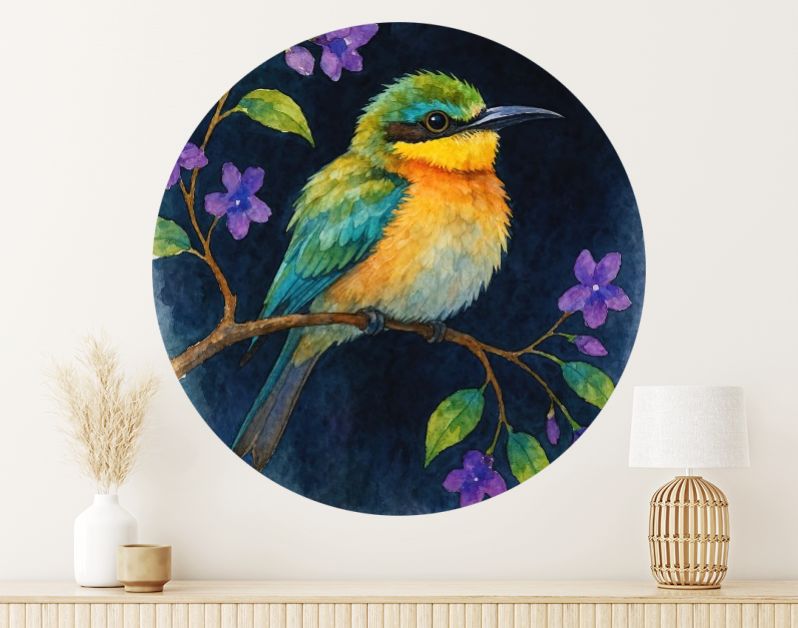 Tropische bijeneter vogel op tak met paarse bloemen