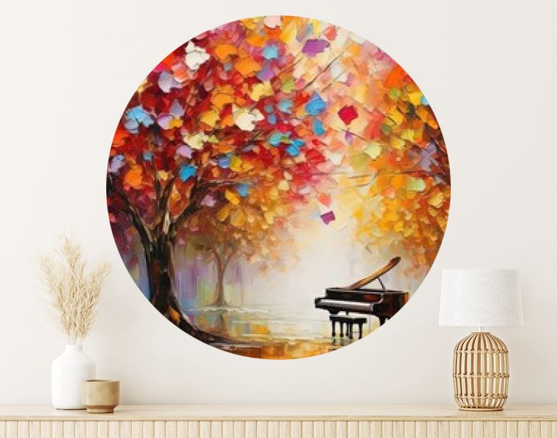 schilderstijl illustratie banner behang, herfstbos met kleurrijke bladeren, piano muziek spelen in park Generatieve Ai