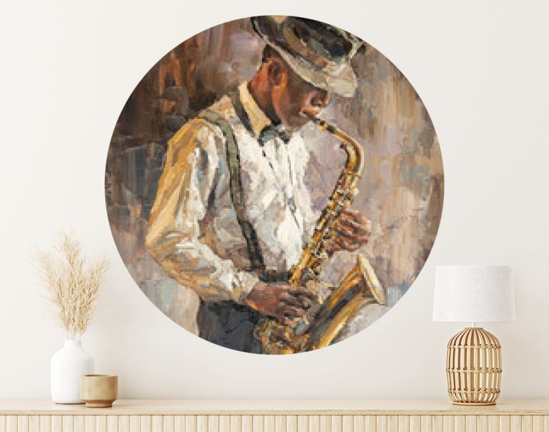 Stijlvolle jazzband die muziek speelt op het toneel, achtergrond is bruin. Paletmestechniek van olieverf en penseel. .De jazzman speelt de sexofoon.