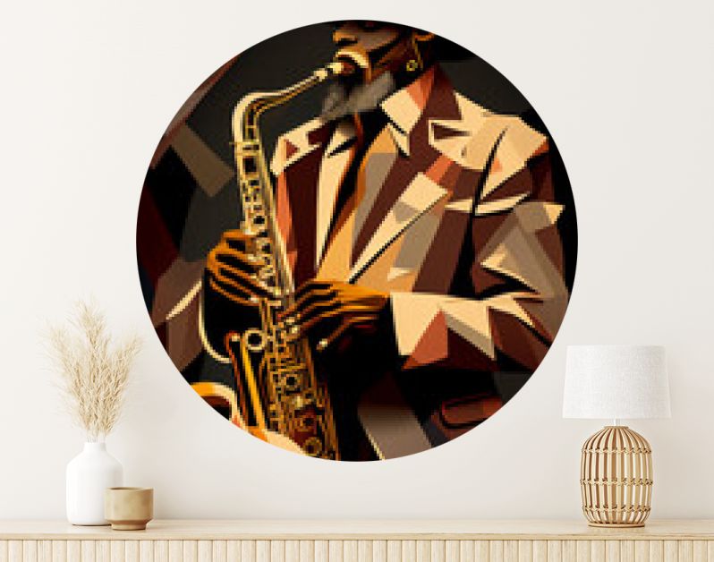 Afro-Amerikaanse mannelijke jazzmuzikant saxofonist die een saxofoon speelt in een abstract kubistisch stijlschilderij voor een poster of flyer, computer Generatieve AI stock illustratie