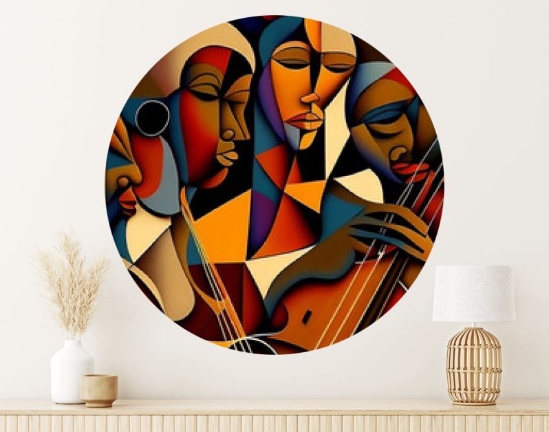 Afro-Amerikaans vrouwelijk en mannelijk klassiek musicusorkest dat een cello speelt in een abstract kubistisch stijlschilderij voor een muziekposter of flyer, computer Generative AI stock illustratie