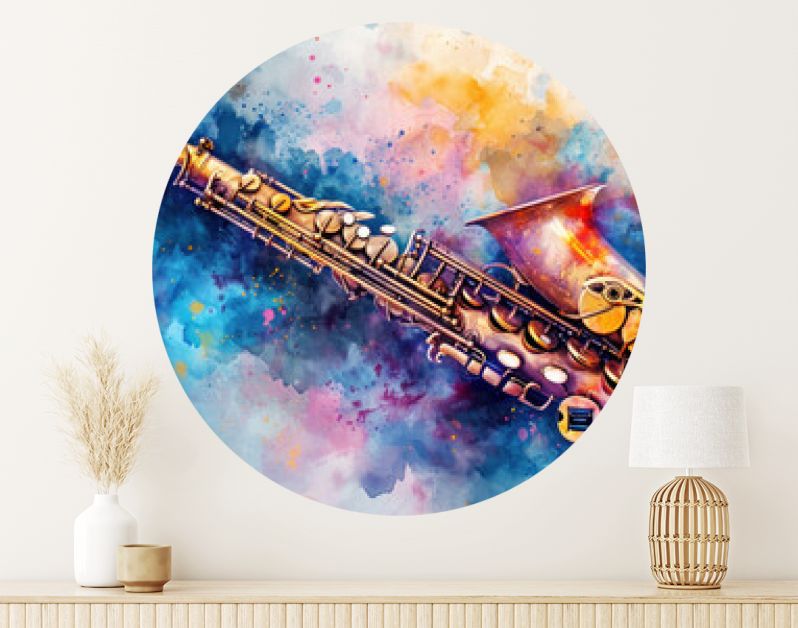 Saxofoon in aquarelmix die jazz op straat symboliseert.
