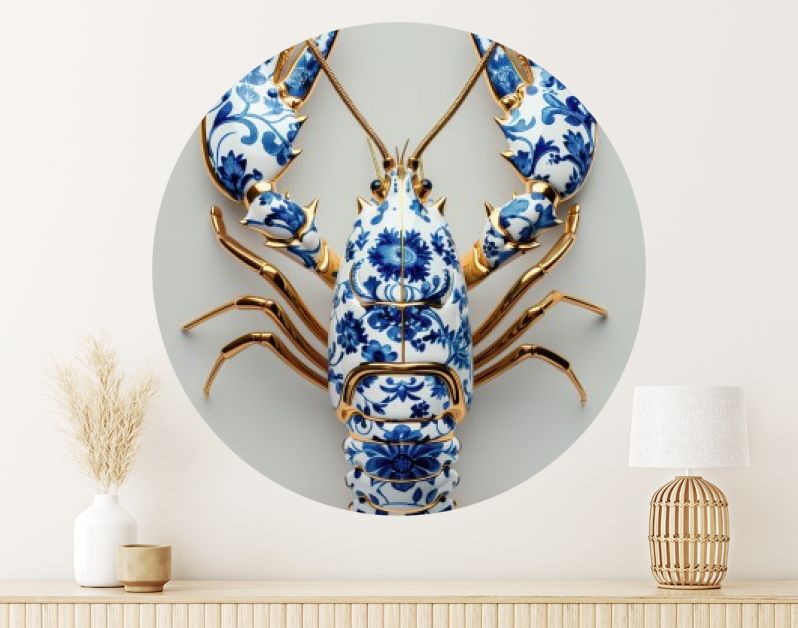 Delfts blauwe kreeft met goud op zacht salie