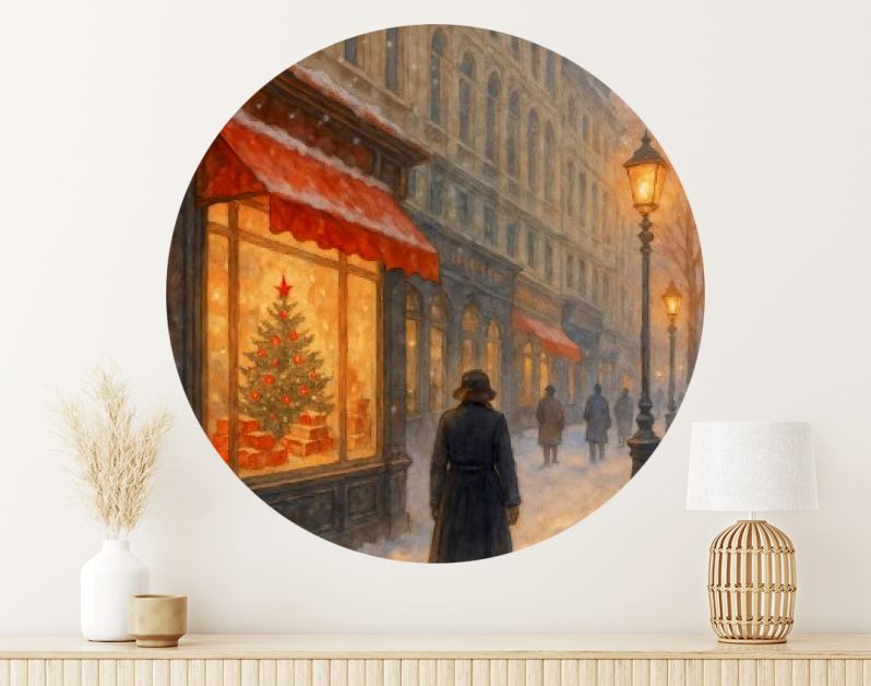 Kerstavond in de stad met verlichte etalage