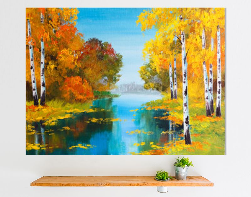 landschap met olieverf - berkenbos bij de rivier