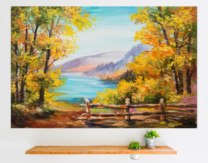 Landschap met olieverfschilderij - kleurrijk herfstbos, bergmeer, impressionisme